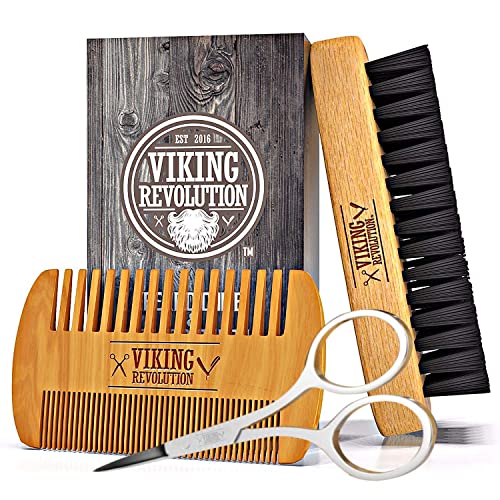 Viking Revolution Set De Cepillo y peine para Barba de Hombre - Cuidado De Bigote - Cerdas De Jabalí Naturales Y Peine De Madera De Doble Acción Con Bolsa De Viaje