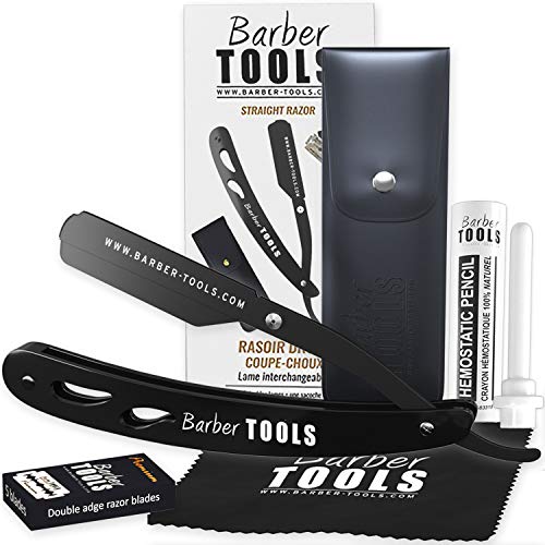 ✮ BARBER TOOLS ✮ Navaja de afeitar + Box 5 cuchillas de doble hoja + Paño de pulir + Almacenamiento Pu.